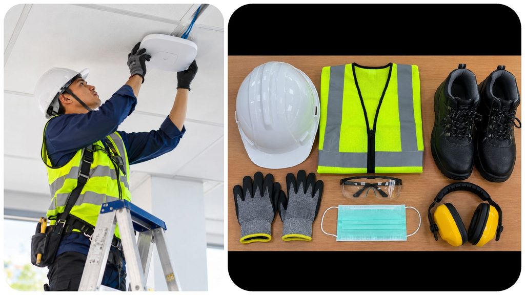 Network technician wearing safety helmet vest